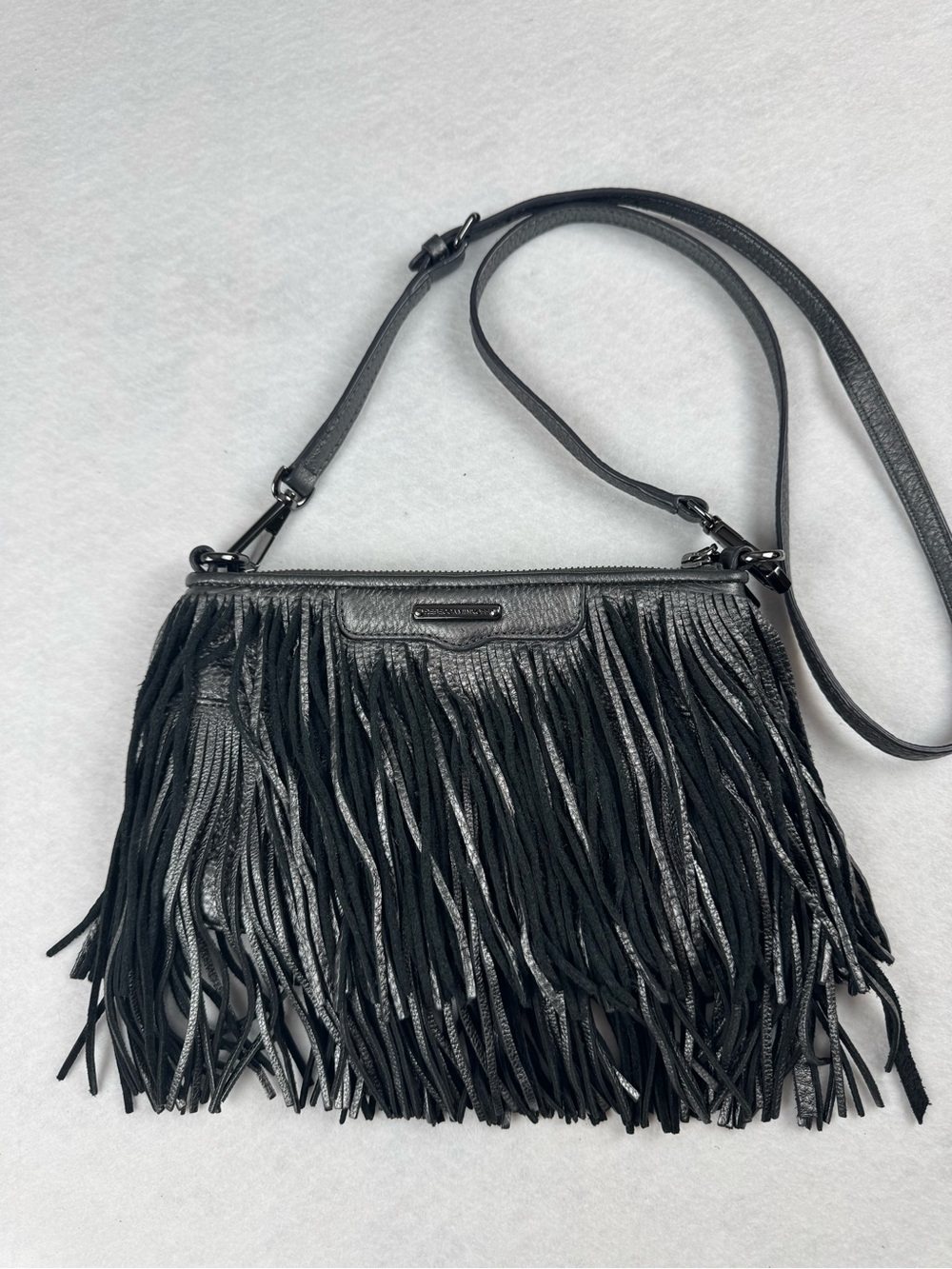 Rebecca Minkoff Fringe Crossbody Bag Gray Leather Boho